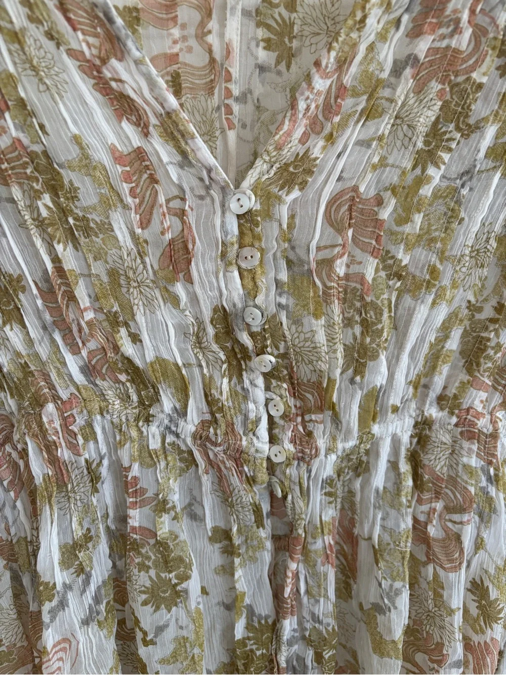 Free People Floral Smocked Flowy Layer in Cream, Olive & Blush